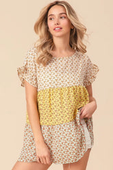 Floral Printed Woven Color Block and Tiered Top BiBi